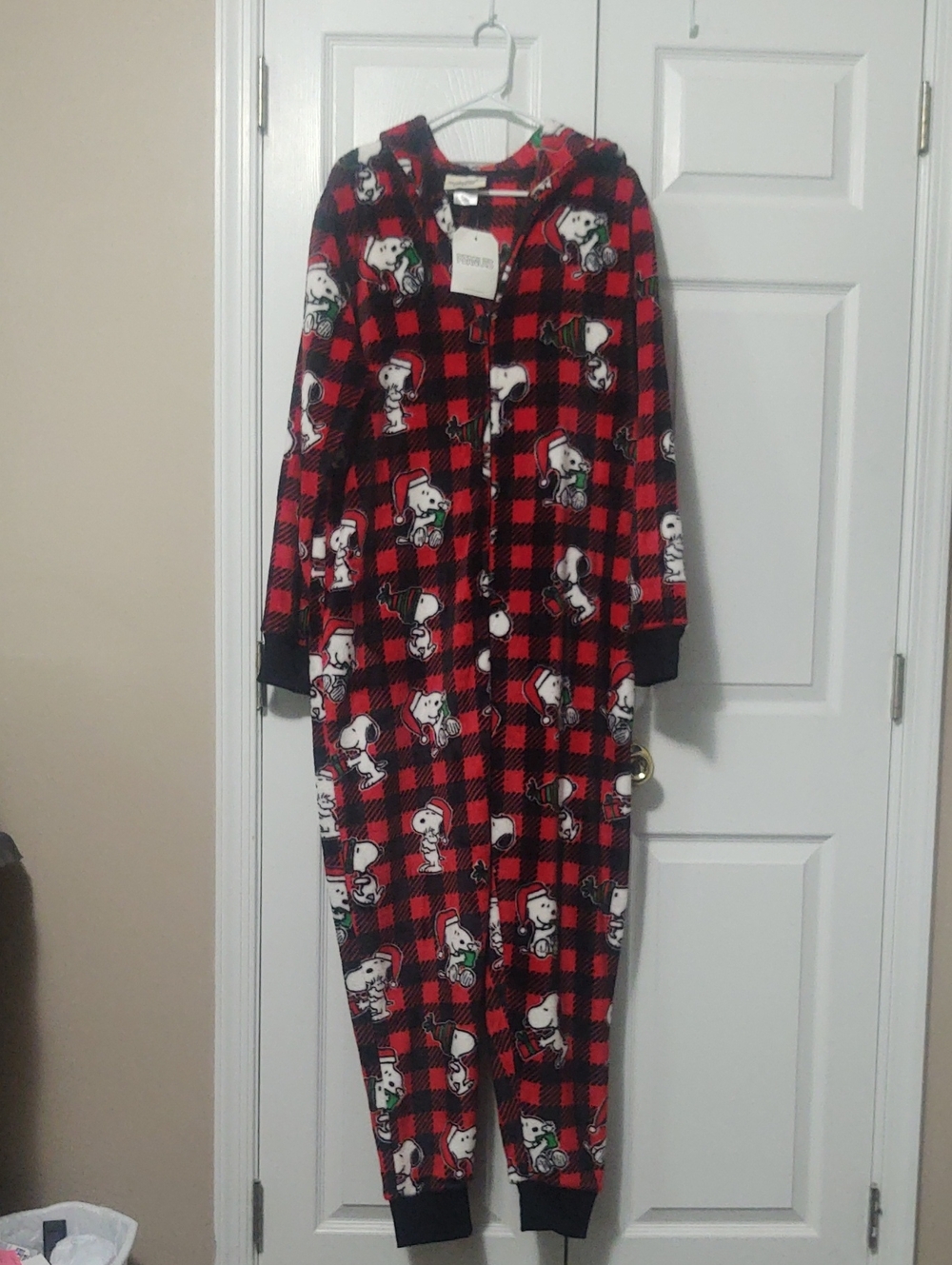 munki munki Red and Black Plaid Snoopy Hooded One-Piece Pajama